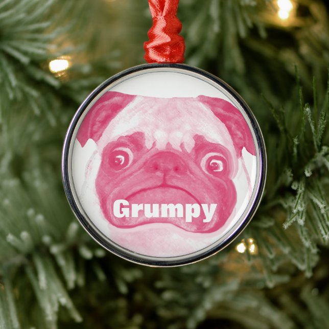 Ornement En Métal Drôle Adorable PINK Grumpy Puggy (Arbre)