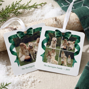 Ornement En Métal Elegant Collage de Photos au Ruban Vert Noël Famil