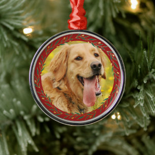 Ornement En Métal Élégant Crimson Gold Wreath Dog Photo