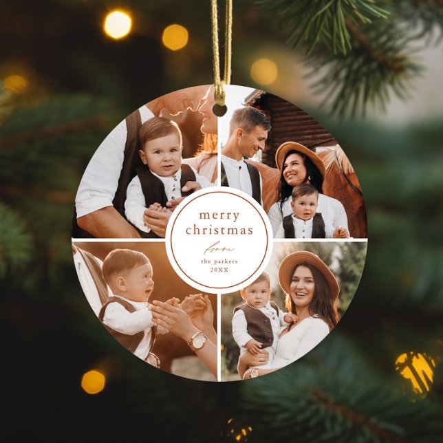 Ornement En Métal Élégant minimal Joyeux Noël Collage photo (Simple elegant modern merry christmas photo collage christmas tree ornament.)