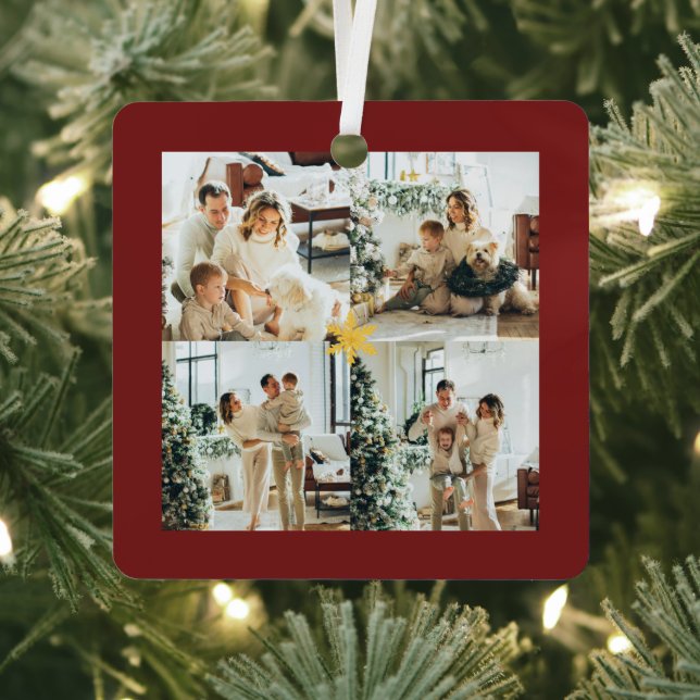 Ornement En Métal Elegant Red & Gold Merry Christmas Family Photo -  (Insitu)