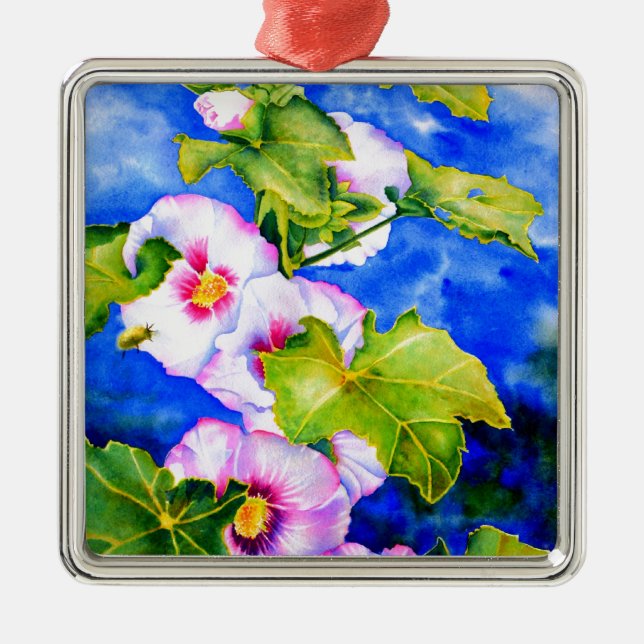 Ornement En Métal Elégante aquarelle rose fleurs florales Hollyhocks (Devant)