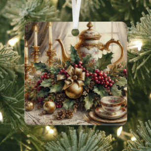 Ornement En Métal Élégante théière Vintage et florale de Noël