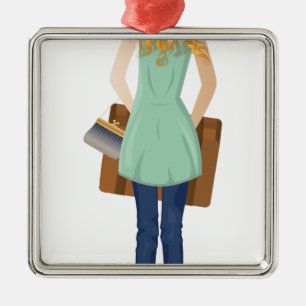 Ornement En Métal Femme blonde avec la valise
