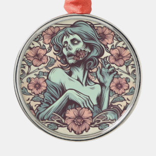 Ornement En Métal Femme Zombie Art Nouveau avec Fleurs Jolie