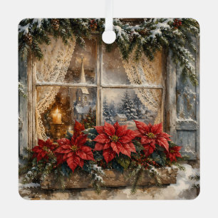 Ornement En Métal Fenêtre de Noël au poinsettia enneigé