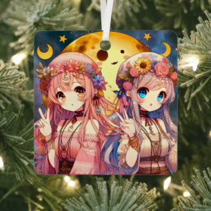 Ornement En Métal Fille Anime Hippie Lune Filles Faisant Signe de Pa