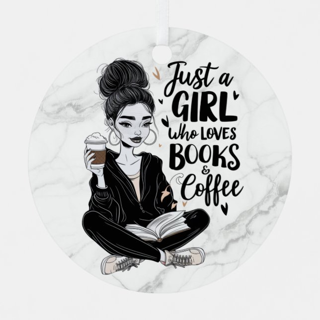 Ornement En Métal Fille qui aime Livres & Café Custom Black & White (Recto)