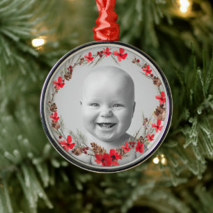 Ornement En Métal Fleur et pin de Noël - Photo bébé