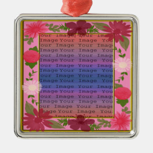 Ornement En Métal Fleurs roses Personnalisées Carré Argent Ornament