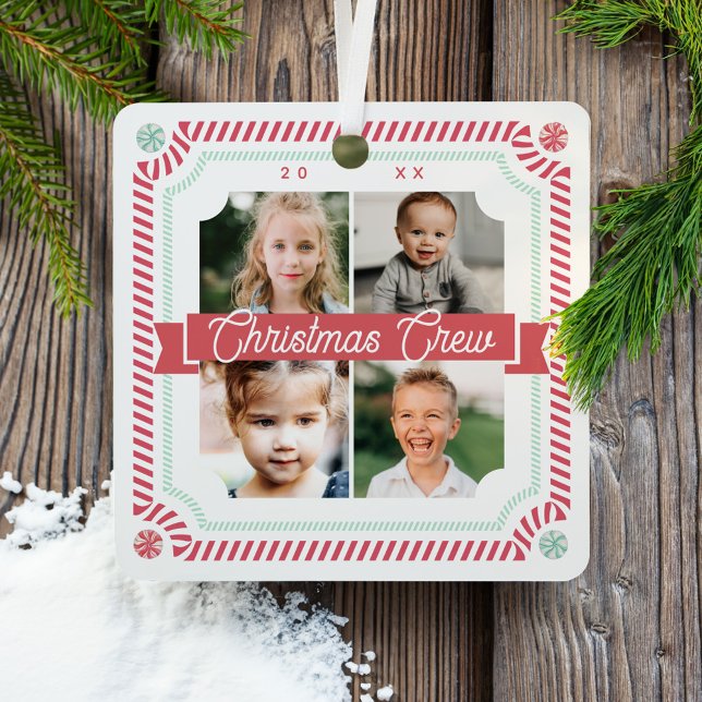 Ornement En Métal Fun Candy Christmas Crew Sucre de canne 4 Cadre ph (Fun Candy Christmas Crew Candy Cane 4 Photo Frame Metal Ornament)