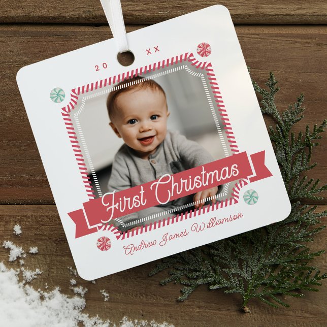 Ornement En Métal Fun Candy premier Sucre de canne de Noël Cadre pho (Fun Candy First Christmas Candy Cane Photo Frame Metal Ornament)