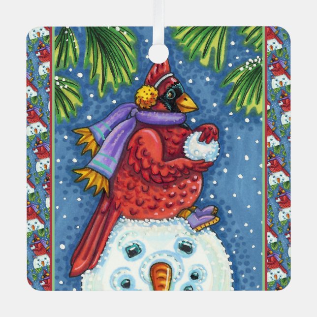 ORNEMENT EN MÉTAL GARDE CARDINAL SNOWMAN, CUTE NOËL REDBIRD (Recto)