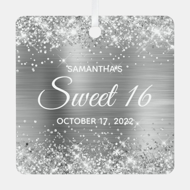 Ornement En Métal Glittery Silver Ombre Foil Sweet 16 (Recto)
