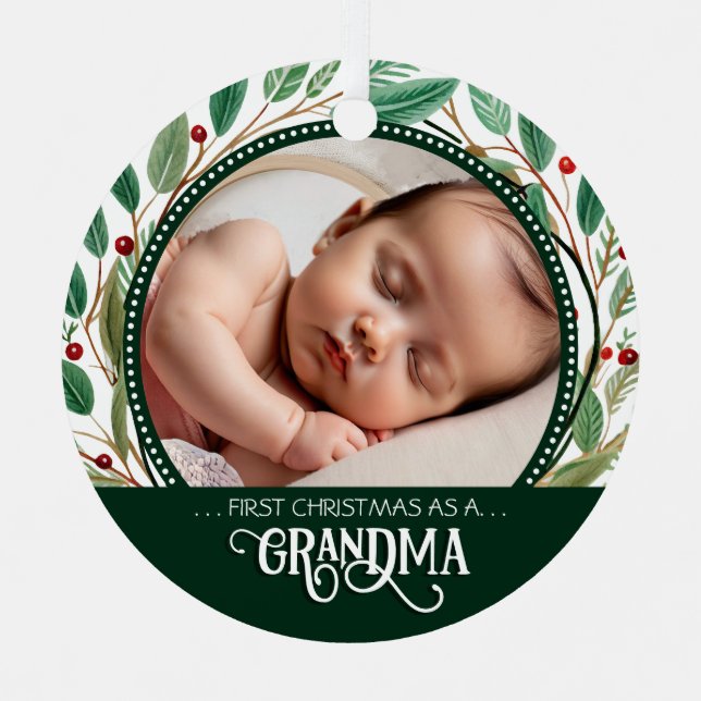 Ornement En Métal Grandma First Christmas Photo Holiday Pattern (Recto)