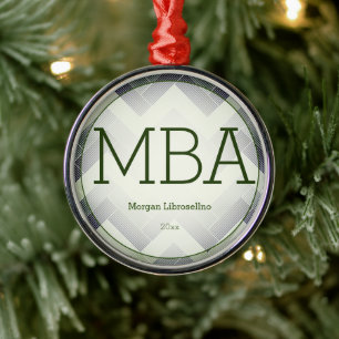 Ornement En Métal Herringbone Green White MBA Graduation Nom Année