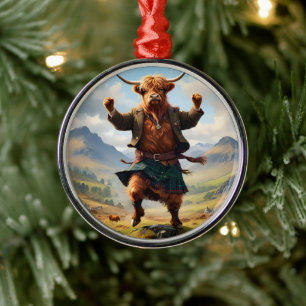 Ornement En Métal Highland Cow Dansant Le Highland Fling,