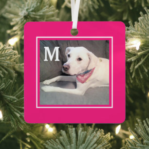 Ornement En Métal Joli Hot Pink 2 Photo Dog et Noël initial