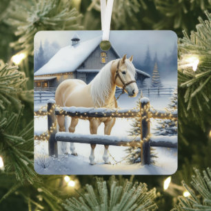 Ornement En Métal Jolie ferme de chevaux blancs Noël personnalisé