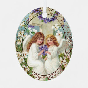 Ornement En Métal Jolis Anges Avec Croix Et Fleurs