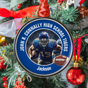 Ornement En Métal Joueur de football du lycée bleu photo Noël