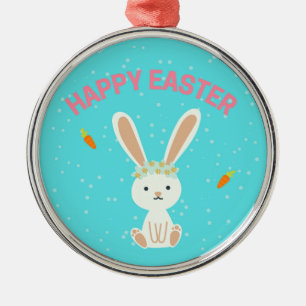 Ornement En Métal Joyeux lapin blanc de Pâques sur bleu