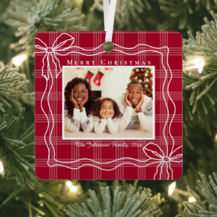 Ornement En Métal joyeux noël doodle bow photo rouge plaid buffalo