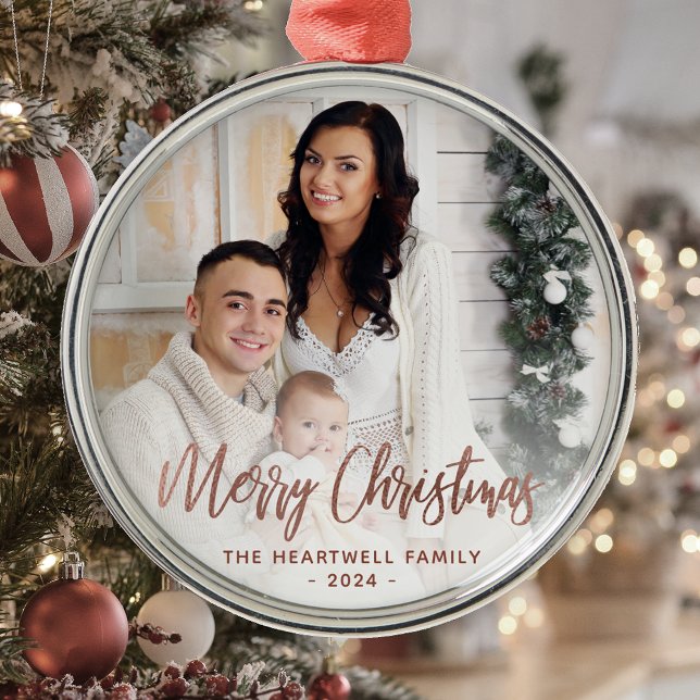 Ornement En Métal Joyeux Noël Famille Photo Rose Gold Script (Créateur téléchargé)