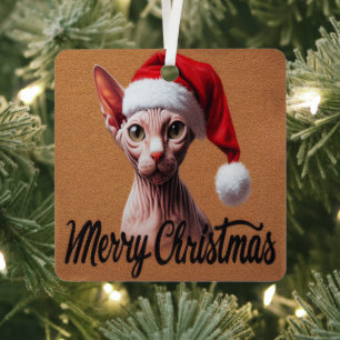 Ornement En Métal Joyeux Noël Sphynx Chat, Xmas Père Noël Sphynx