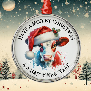 Ornement En Métal Joyeux Noël   Vache amusante à Santa Hat