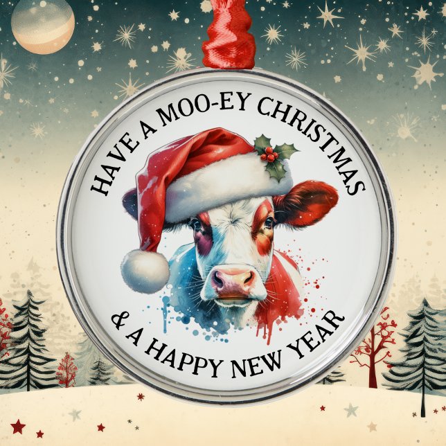 Ornement En Métal Joyeux Noël | Vache amusante à Santa Hat (Créateur téléchargé)