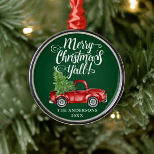 Ornement En Métal Joyeux Noël Y'all Red Truck Round Green