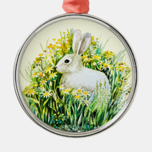 Ornement En Métal Lapin et fleurs jaunes