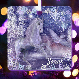 Ornement En Métal Licorne et neige Ajouter le nom Lavande
