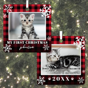 Ornement En Métal Ma première photo de chat à carreaux de Noël