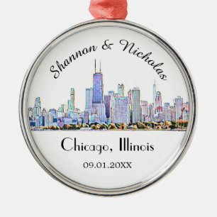 Ornement En Métal Mariage Skyline de Chicago personnalisé