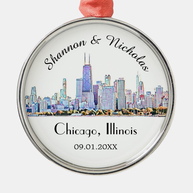 Ornement En Métal Mariage Skyline de Chicago personnalisé (Devant)