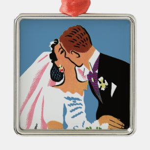Ornement En Métal Mariage Vintage, Mariés Rétro s'Embrassant