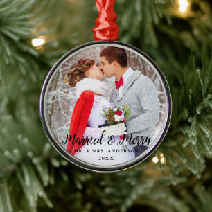 Ornement En Métal Marié et joyeux Mariage photo Noël Round B
