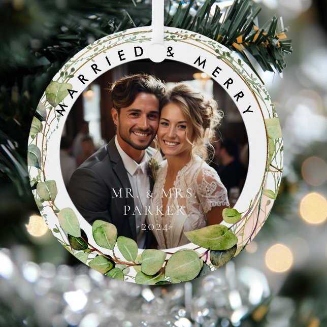 Ornement En Métal Marié & Joyeux ! Elégant, Eucalyptus, Photo (Married & Merry! Elegant, Eucalyptus, Photo Metal Ornament)