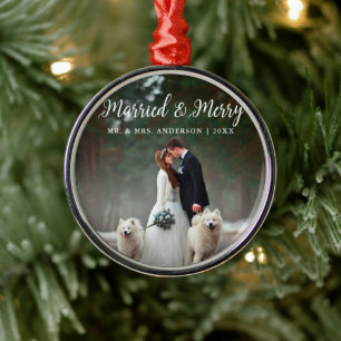 Ornement En Métal Mariés & Joyeux Mariage Photo Noël Rond