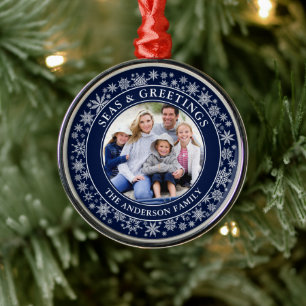 Ornement En Métal Mer moderne et salutations Photo Snowflakes Blue