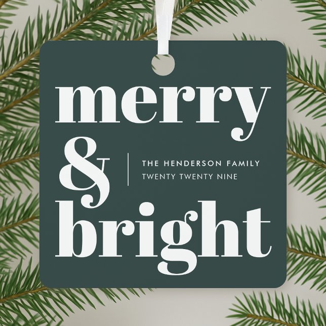 Ornement En Métal Merry and Bright | Stylish Forest Green (Merry and Bright metal ornament by Guava, featuring forest green colour and retro modern design)