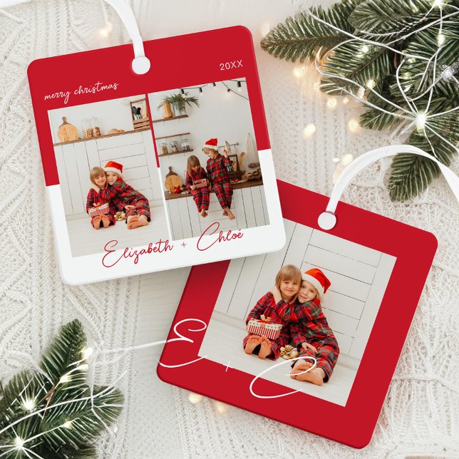 Ornement En Métal Moderne tendance Rouge & Blanc Nom Monogramme 3 Ph (Modern Trendy Red & White Name Monogram 3 Photo Metal Ornament)