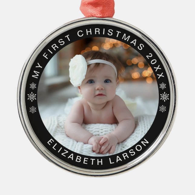 Ornement En Métal Mon premier Noël personnalisé photo bébé noir (Devant)