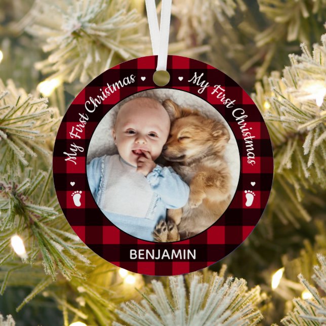 Ornement En Métal Mon premier Noël Red Buffalo Plaid Baby Photo (Insitu)