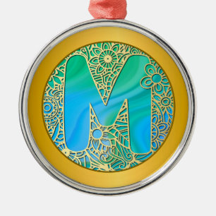 Ornement En Métal Monogramme initial M Noël - Or , sarcelle et bleu