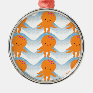 Ornement En Métal Motif Octopus Orange Et Vagues Bleues