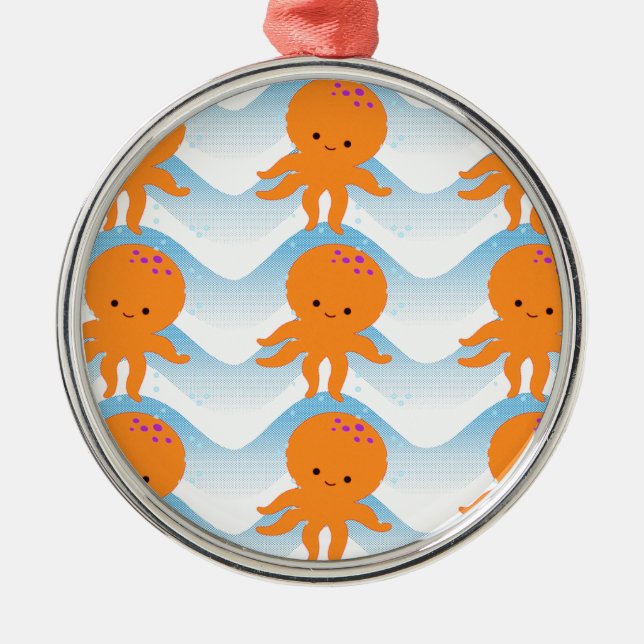 Ornement En Métal Motif Octopus Orange Et Vagues Bleues (Devant)
