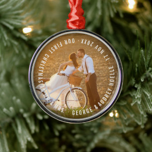 Ornement En Métal Mr & Mrs First Christmas Circle Texte Mariage Phot